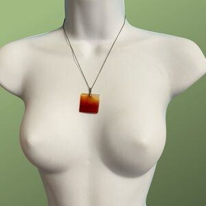 Polished Stone Square Orange Pendant On Vintage Silvertone Chain